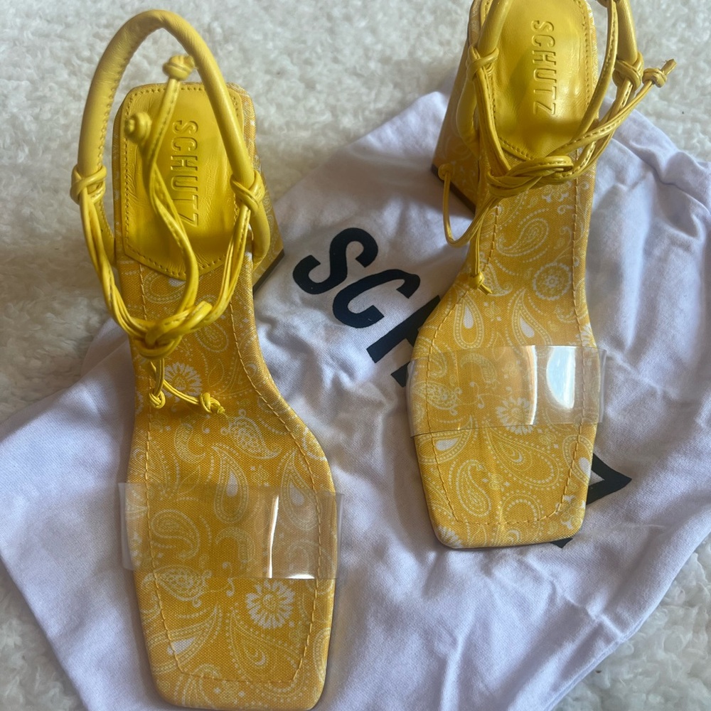 Schutz Bright Yellow Paisley Sandals